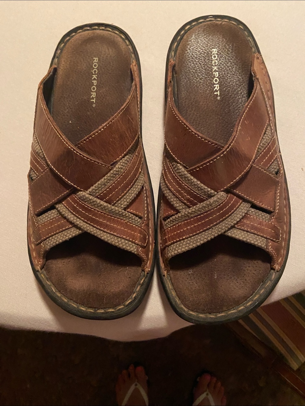 Rockport Men’s Brown Leather Cross-Strap Slide Sandals